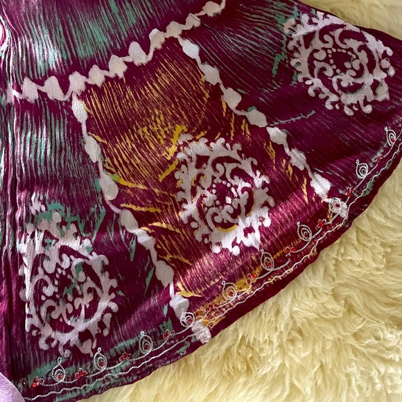 Maroon Beaded Sequined Embroidered Sleeveless Swing Linen X-Long Top - Picture 5 of 9